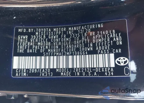 2021 Toyota Corolla Xle z USA, uszkodzony, nr VIN 5YFFPMAE2MP198664